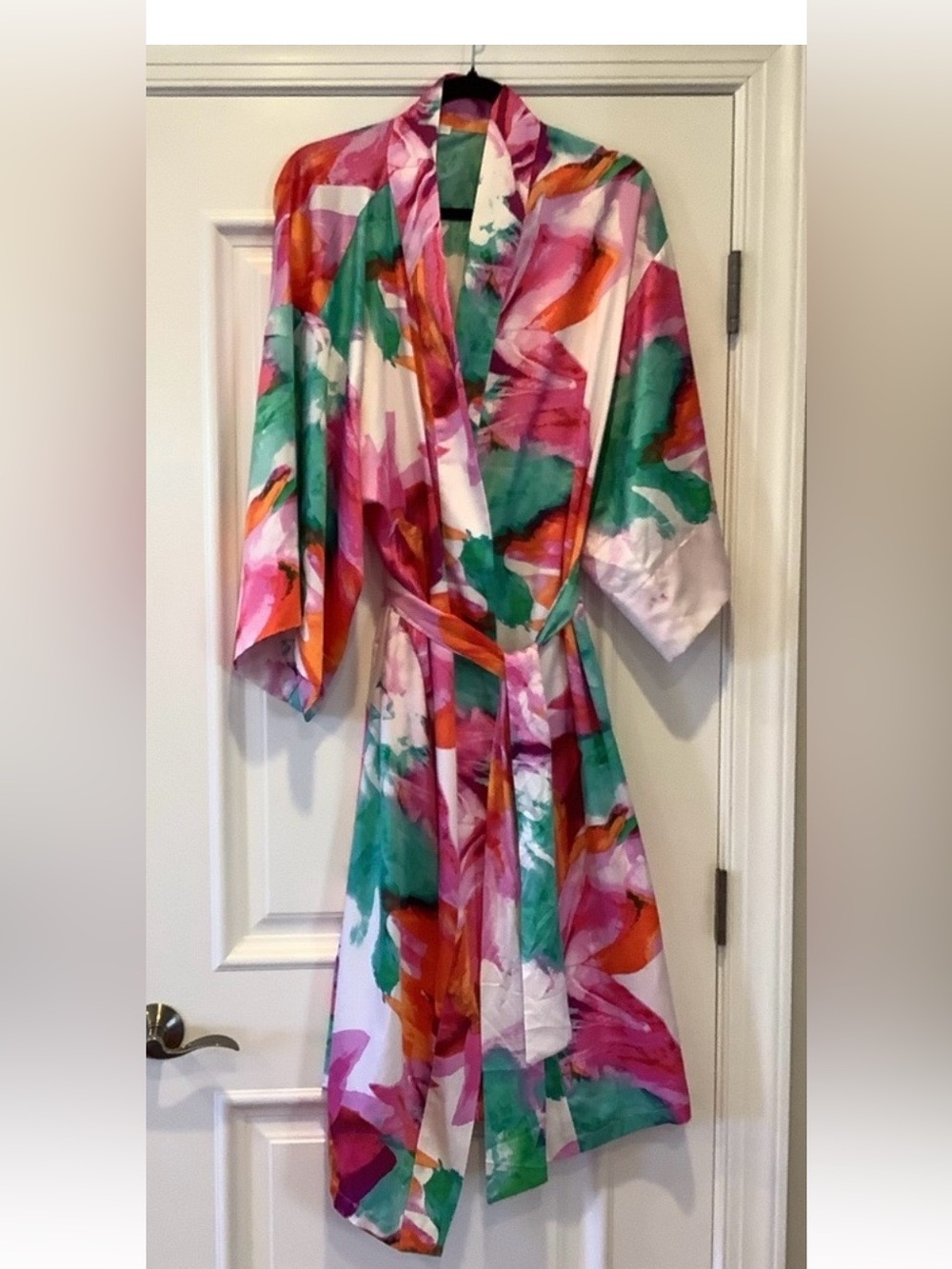 Natori Private Luxuries Paraiso Kimono Floral Satin Robe Aqua, Pink Coral Small